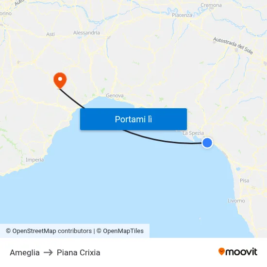 Ameglia to Piana Crixia map