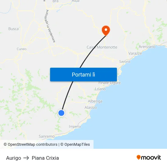 Aurigo to Piana Crixia map
