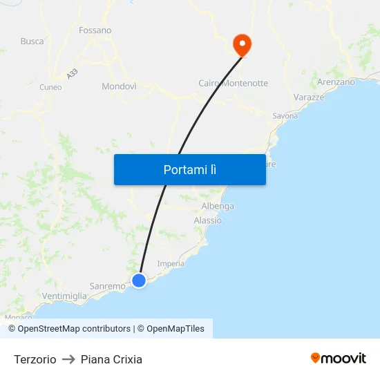 Terzorio to Piana Crixia map