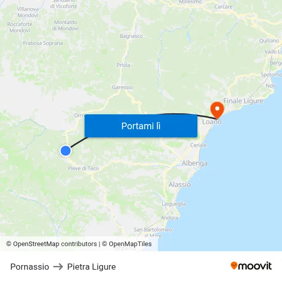 Pornassio to Pietra Ligure map