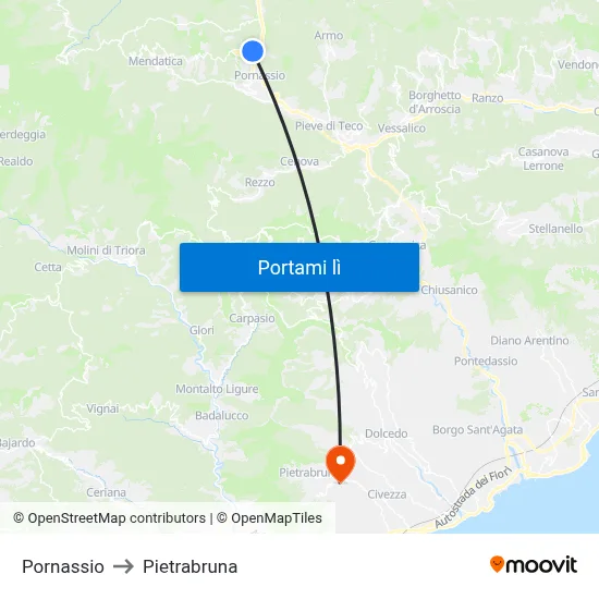 Pornassio to Pietrabruna map