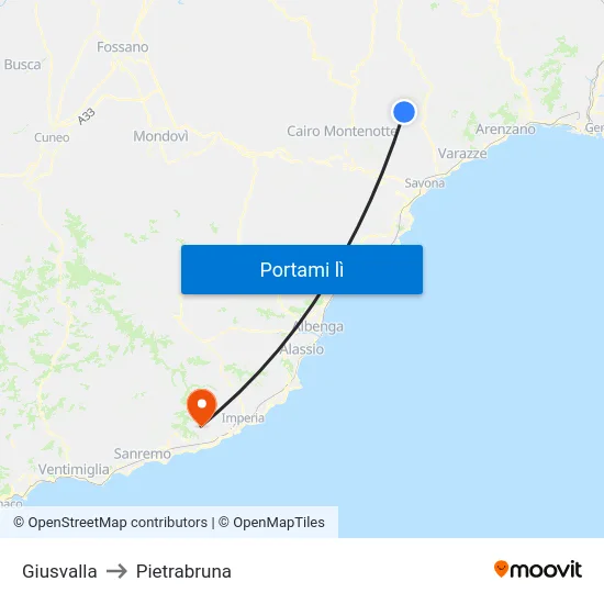 Giusvalla to Pietrabruna map