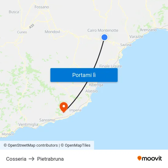 Cosseria to Pietrabruna map