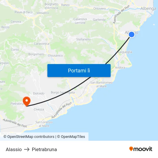 Alassio to Pietrabruna map