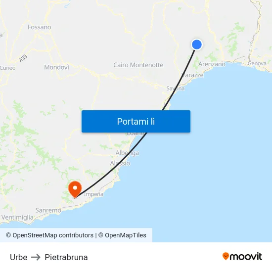 Urbe to Pietrabruna map