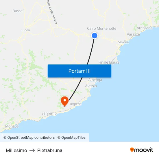 Millesimo to Pietrabruna map