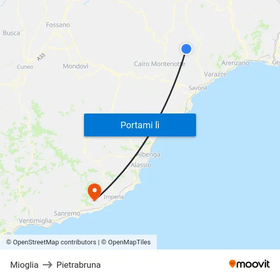 Mioglia to Pietrabruna map
