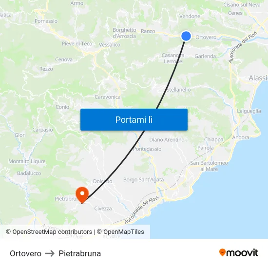 Ortovero to Pietrabruna map