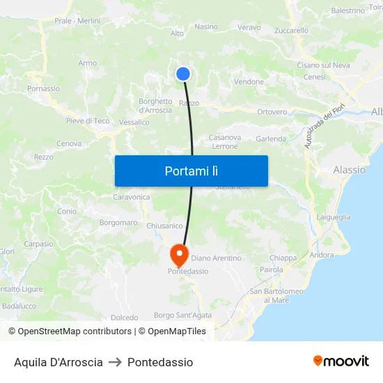 Aquila D'Arroscia to Pontedassio map