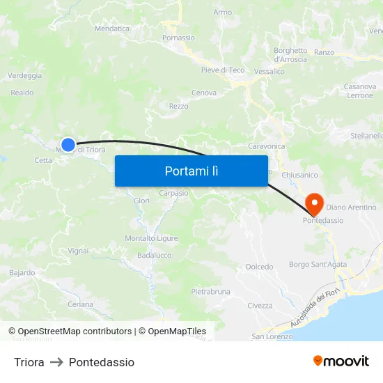 Triora to Pontedassio map