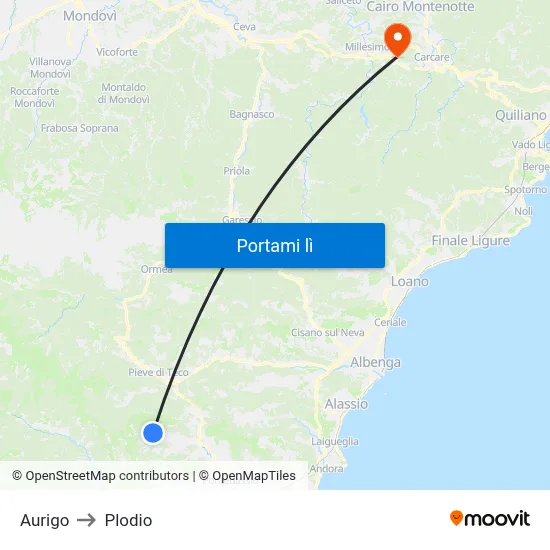Aurigo to Plodio map