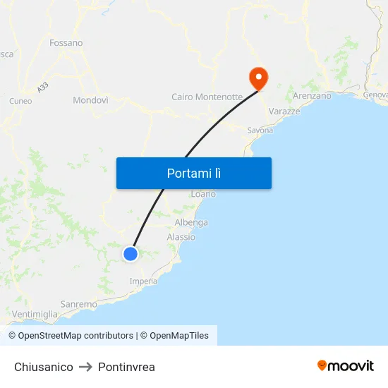 Chiusanico to Pontinvrea map