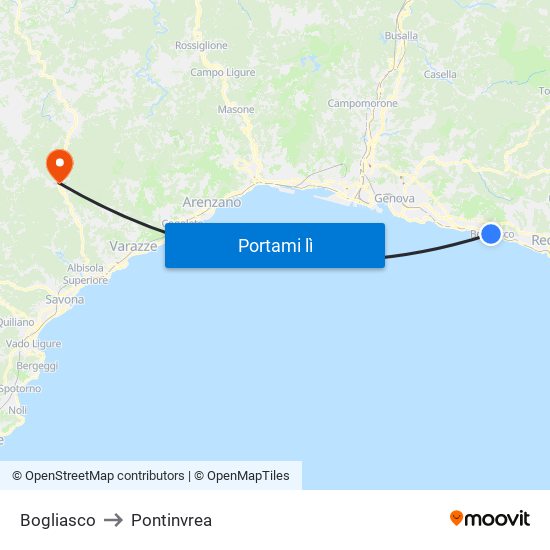 Bogliasco to Pontinvrea map