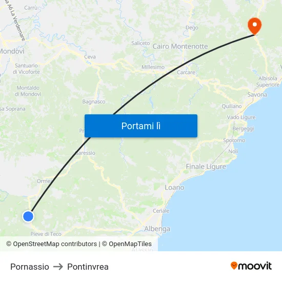 Pornassio to Pontinvrea map