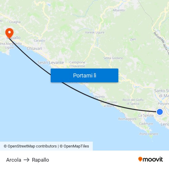 Arcola to Rapallo map