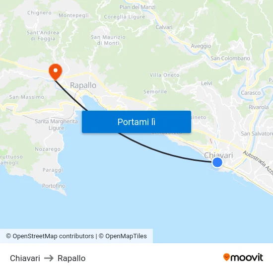 Chiavari to Rapallo map