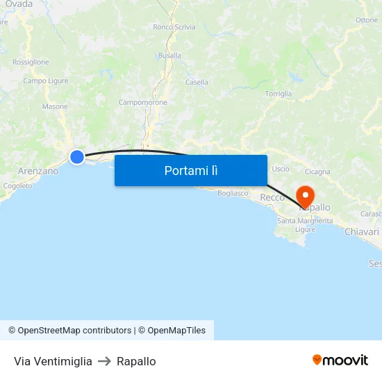 Via Ventimiglia to Rapallo map
