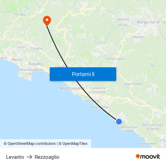 Levanto to Rezzoaglio map