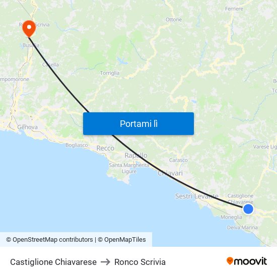 Castiglione Chiavarese to Ronco Scrivia map