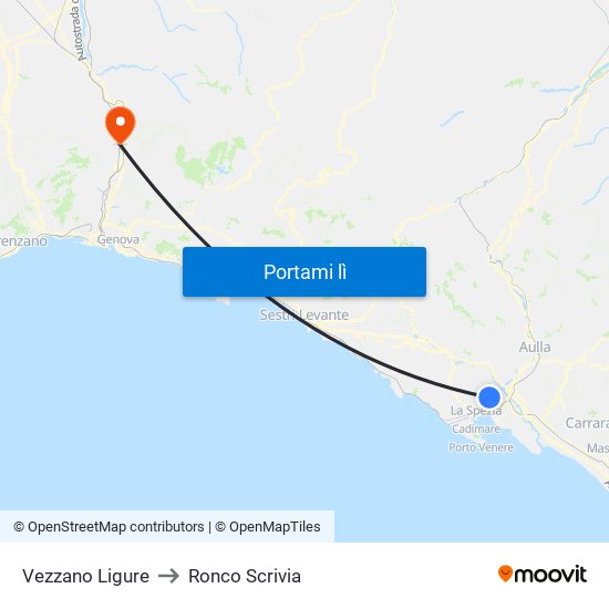 Vezzano Ligure to Ronco Scrivia map