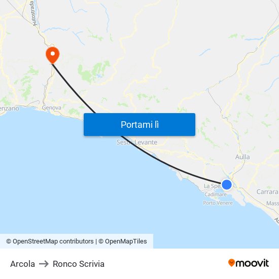 Arcola to Ronco Scrivia map