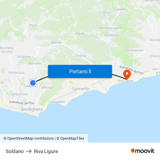 Soldano to Riva Ligure map