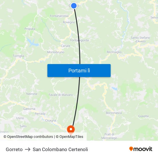 Gorreto to San Colombano Certenoli map