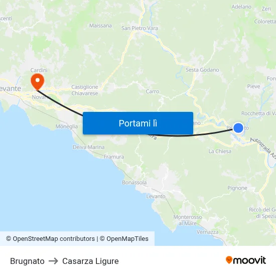 Brugnato to Casarza Ligure map