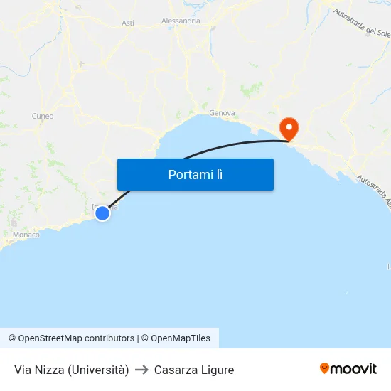 Via Nizza (Università) to Casarza Ligure map