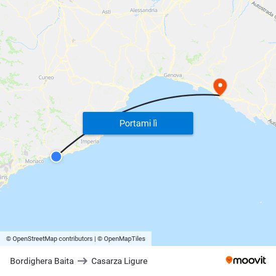 Bordighera Baita to Casarza Ligure map