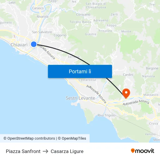Piazza Sanfront to Casarza Ligure map