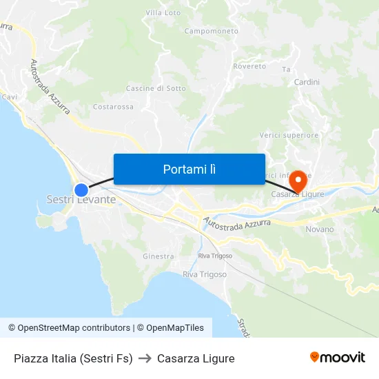 Piazza Italia (Sestri Fs) to Casarza Ligure map