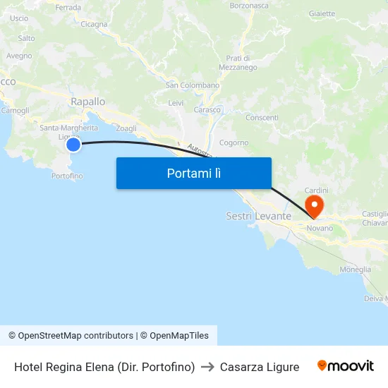 Hotel Regina Elena (Dir. Portofino) to Casarza Ligure map