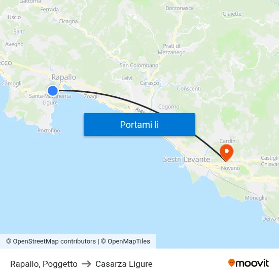 Rapallo, Poggetto to Casarza Ligure map