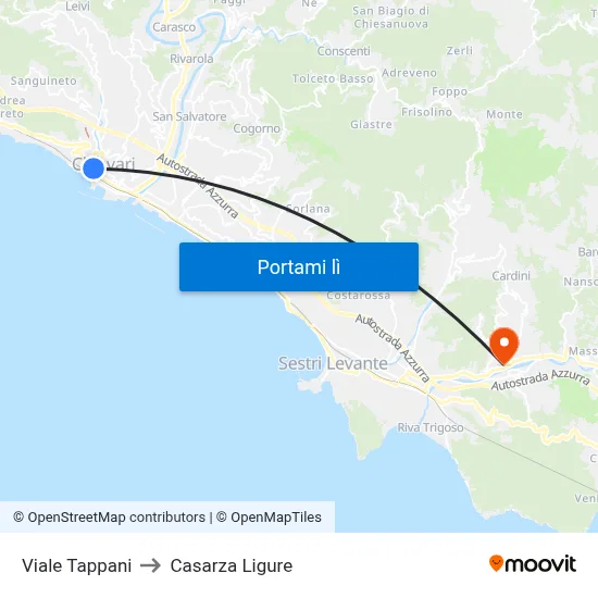 Viale Tappani to Casarza Ligure map