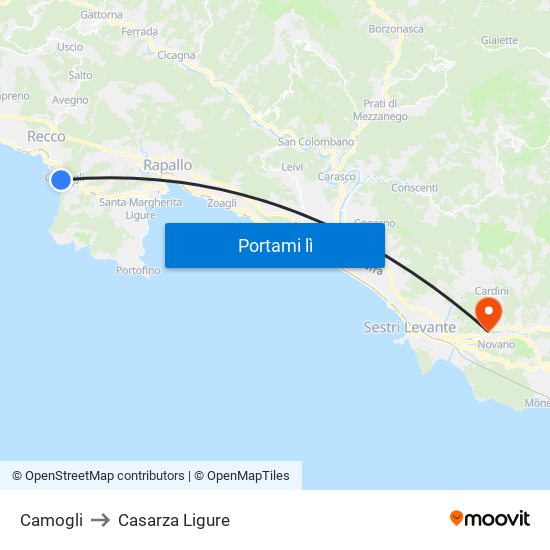 Camogli to Casarza Ligure map