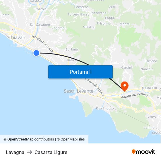 Lavagna to Casarza Ligure map