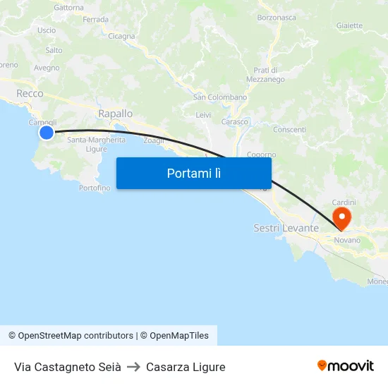 Via Castagneto Seià to Casarza Ligure map
