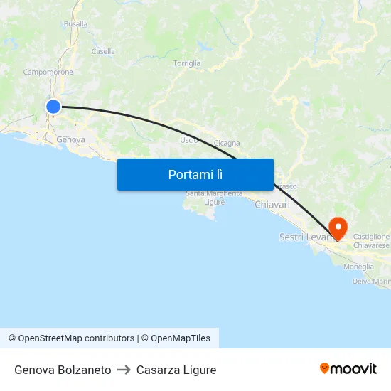 Genova Bolzaneto to Casarza Ligure map