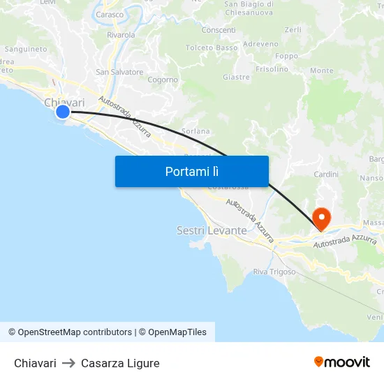 Chiavari to Casarza Ligure map
