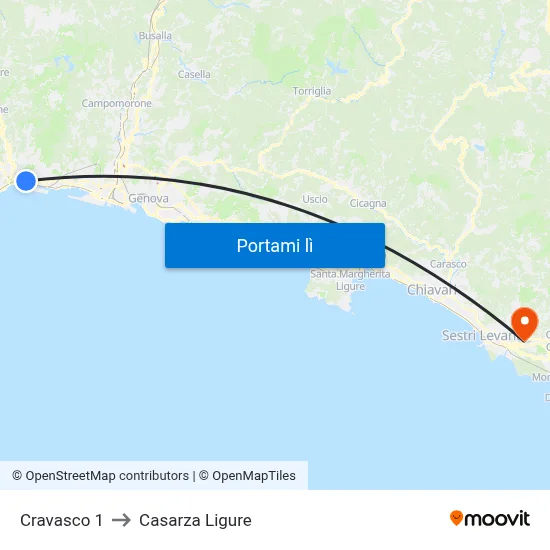 Cravasco 1 to Casarza Ligure map
