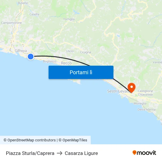 Piazza Sturla/Caprera to Casarza Ligure map