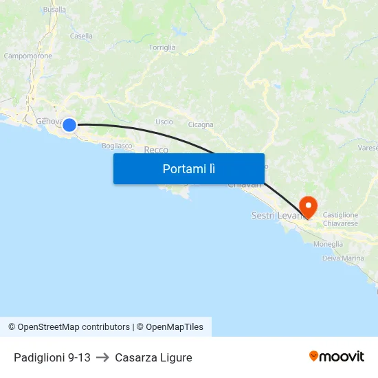 Padiglioni 9-13 to Casarza Ligure map