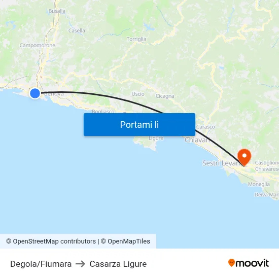 Degola/Fiumara to Casarza Ligure map