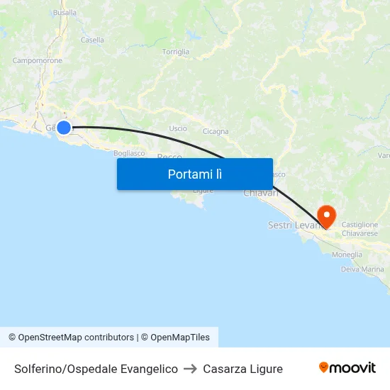 Solferino/Ospedale Evangelico to Casarza Ligure map