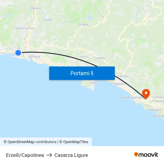 Erzelli/Capolinea to Casarza Ligure map