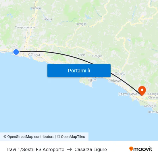 Travi 1/Sestri FS Aeroporto to Casarza Ligure map