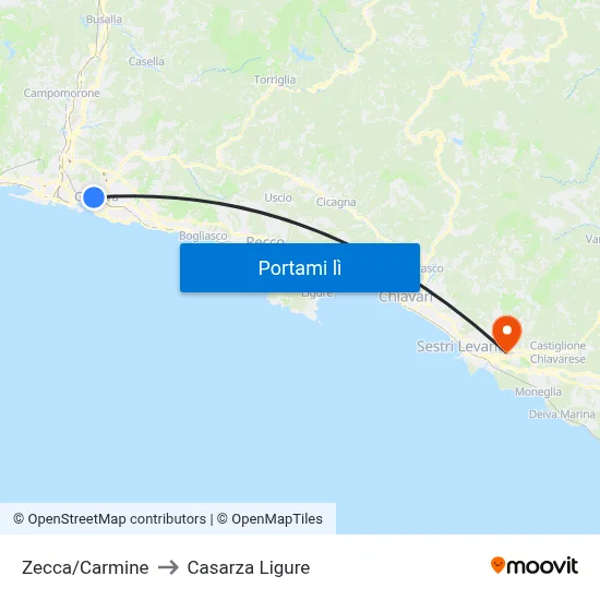 Zecca/Carmine to Casarza Ligure map