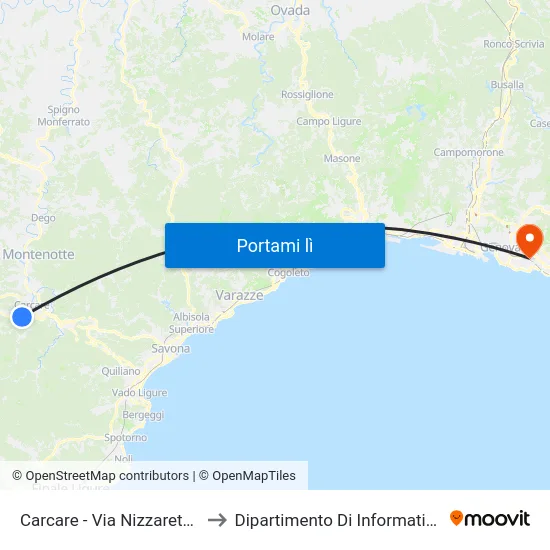Carcare - Via Nizzareto (Ponte Sp15) to Dipartimento Di Informatica E Matematica map