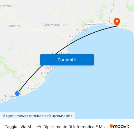 Taggia - Via Mameli to Dipartimento Di Informatica E Matematica map